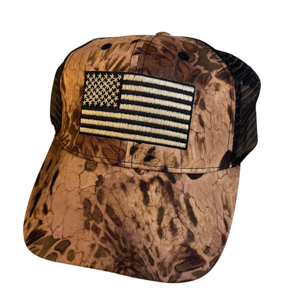 Pugs Mens Camo American Flag Trucker Hat Snapback Mesh Back Cap Brown Black - Picture 1 of 7